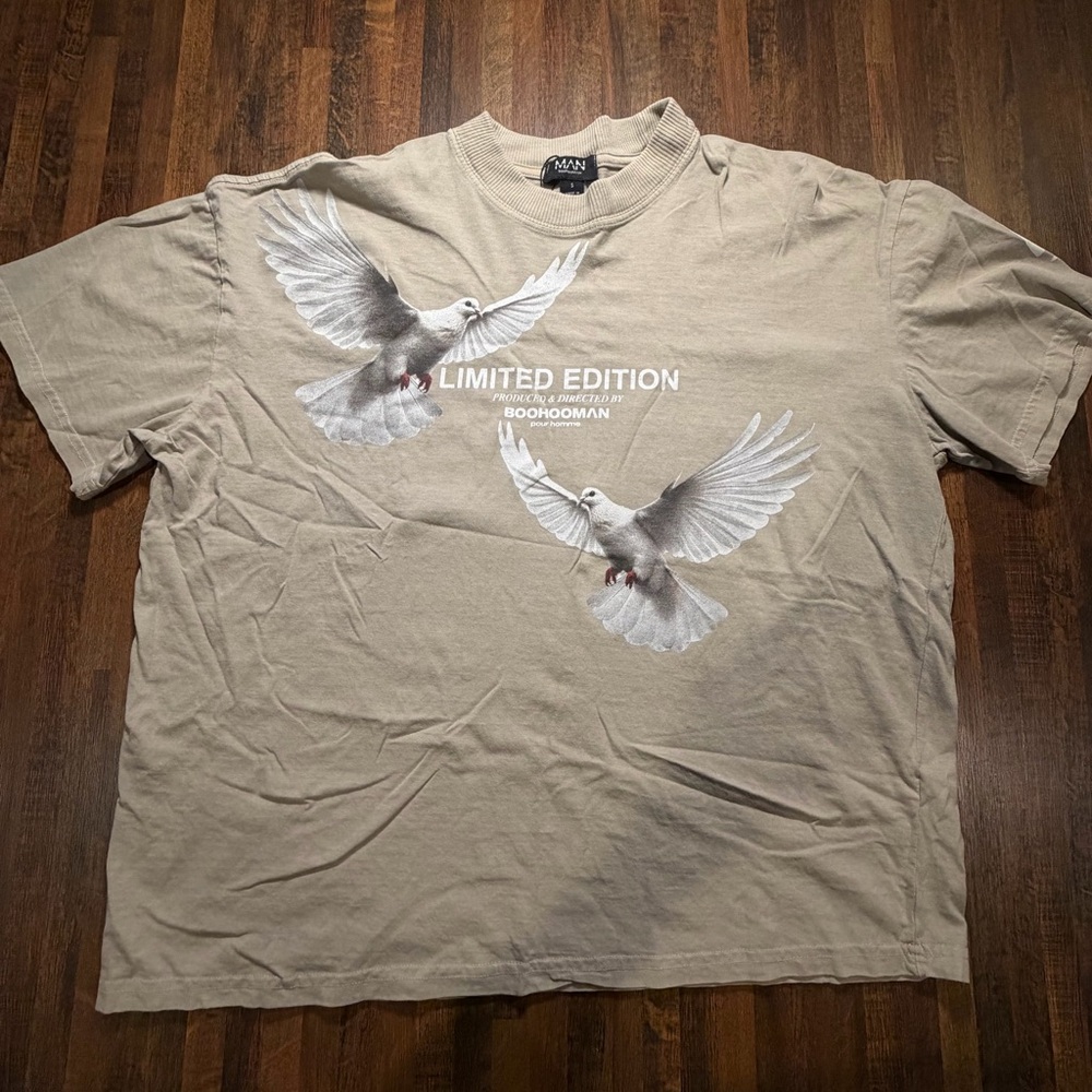BoohooMan Beige Dove Print T-Shirt (Loose fit)